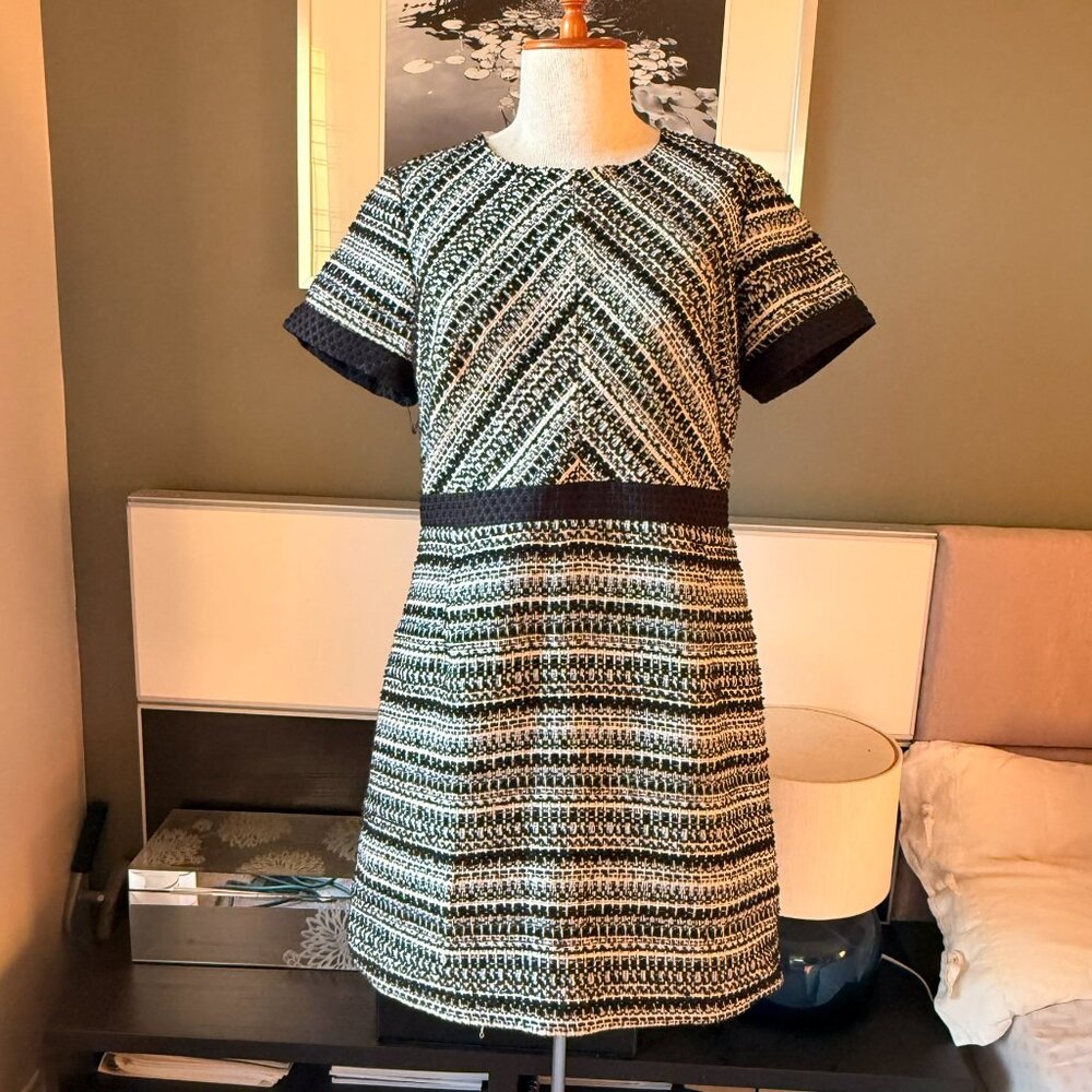 - H&M Short-Sleeve Black White Gold Metallic Tweed Mini Dress Office Party US 12